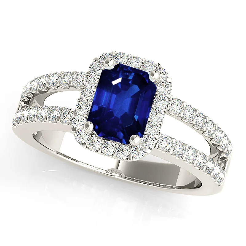 artistic rings for women-1.15 ct. Genuine Blue Emerald Cut Sapphire Ring With Halo