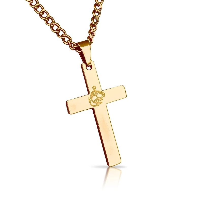 elegant necklaces for women-Fishing Cross Pendant With Chain Necklace - 14K Gold Plated Stainless Steel