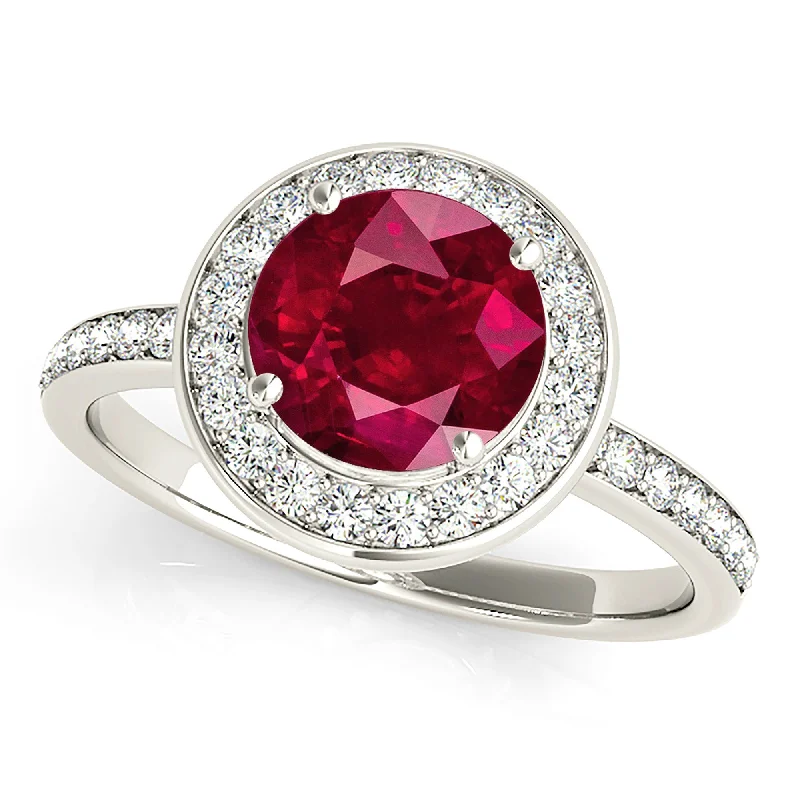 stylish rings for women-1.45 ct. Genuine Ruby Ring With Halo And Thin Diamond Band