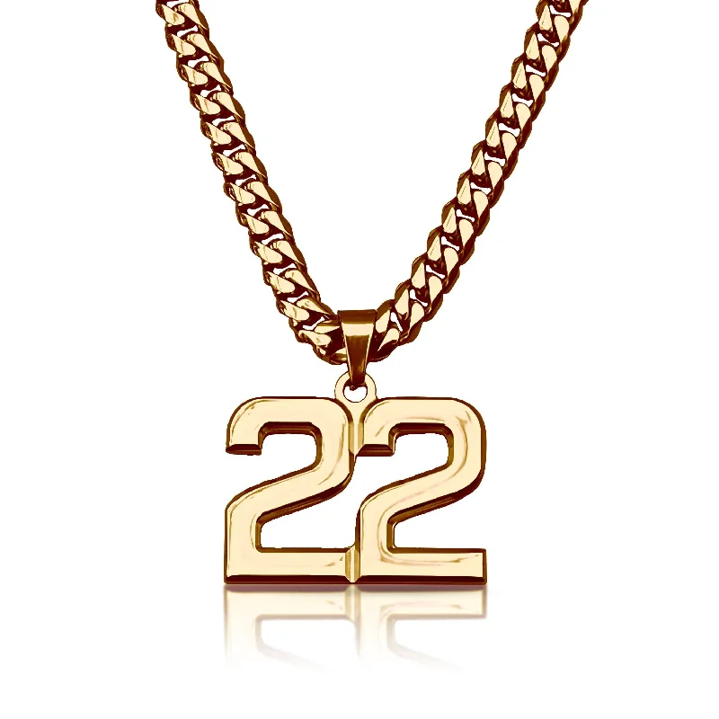 ruby necklaces for women-Pro Number Pendant With 6mm Cuban Link Chain Necklace - 14K Gold Plated Stainless Steel