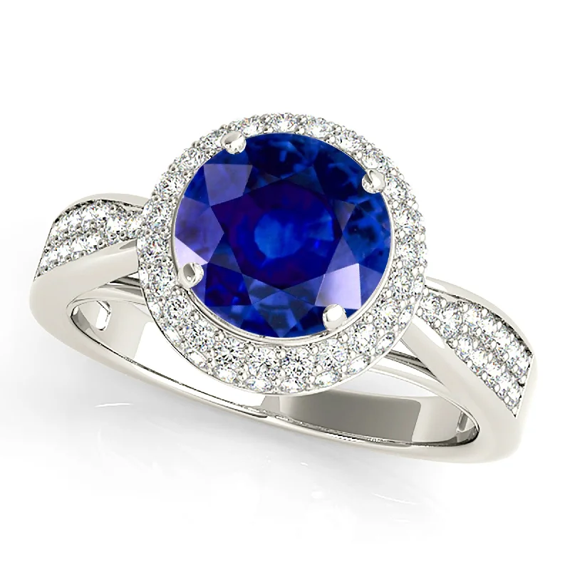 gemstone engagement rings for women-2.40 ct. Genuine Blue Sapphire Halo Ring With Pave Set Side Diamonds