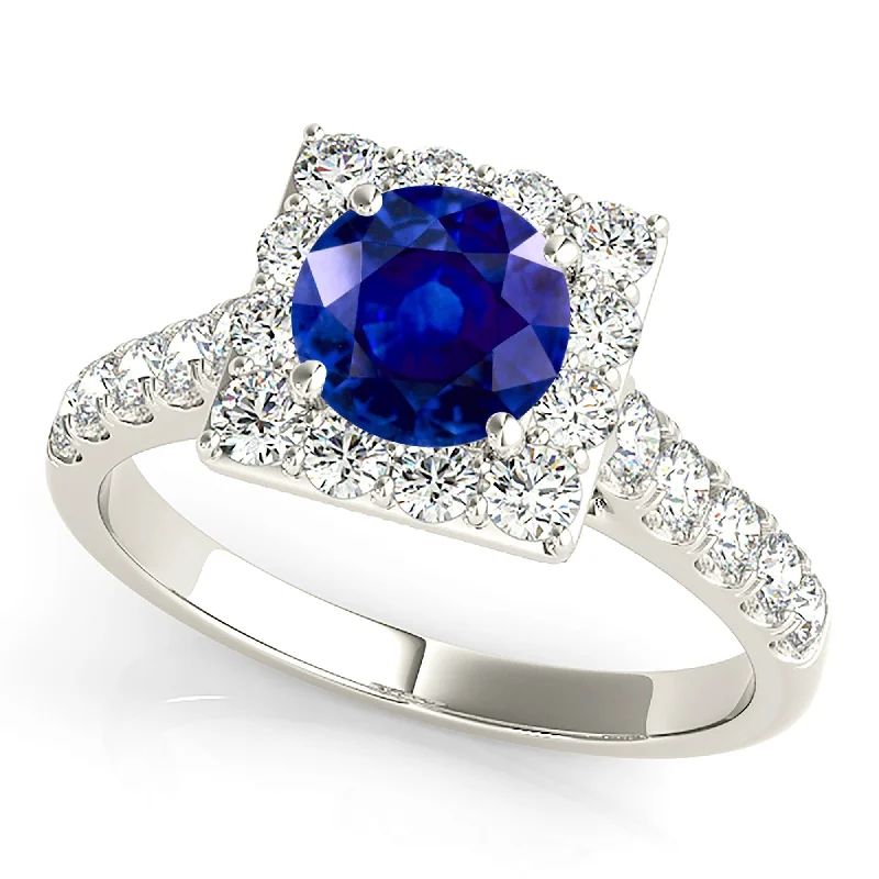 gemstone rings for women-1.35 ct. Genuine Round Blue Sapphire Square Halo Ring