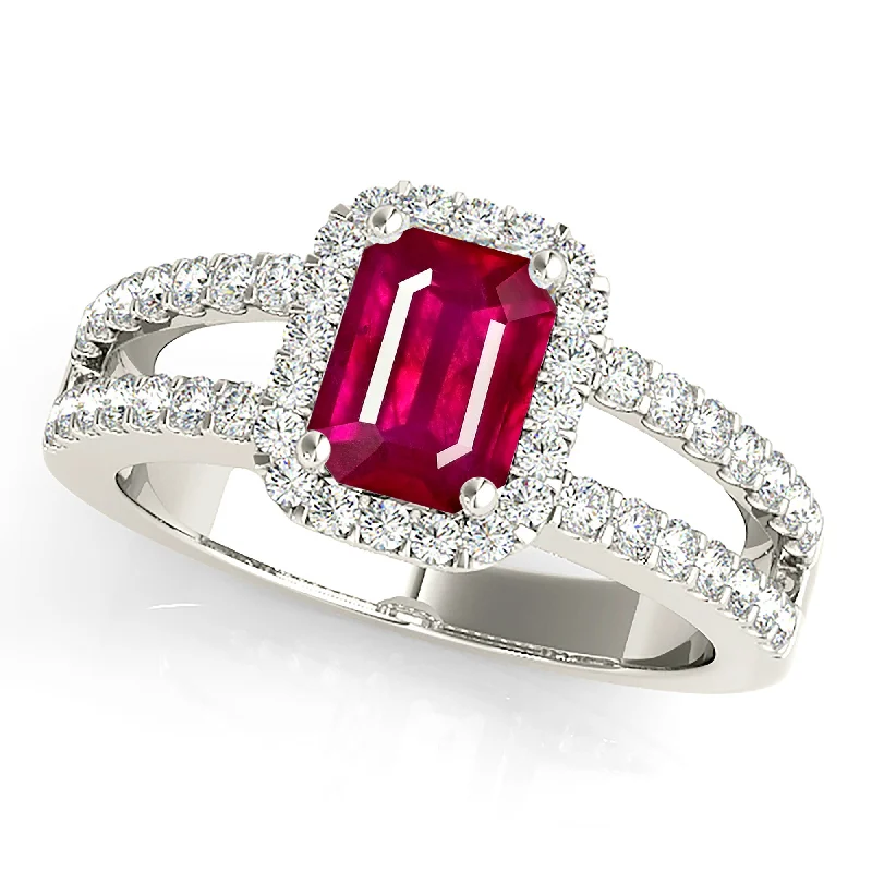 bridal rings for women-1.20 ct. Genuine Emerald Cut Ruby Ring With  Halo and Split Diamond Shank