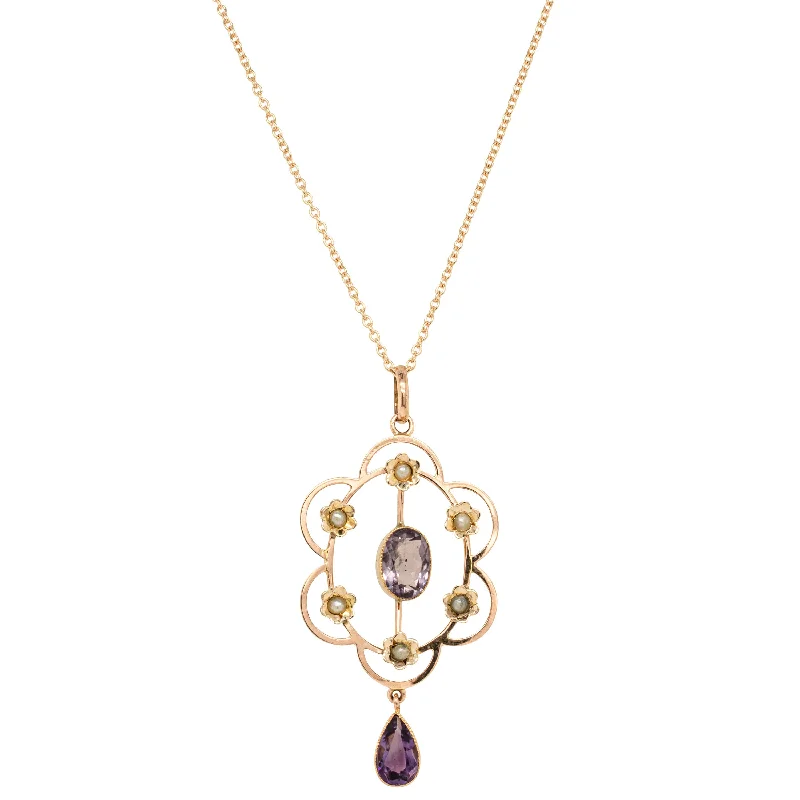 minimalist gold necklaces for women-Vintage 9ct Rose Gold Amethyst & Seed Pearl Pendant