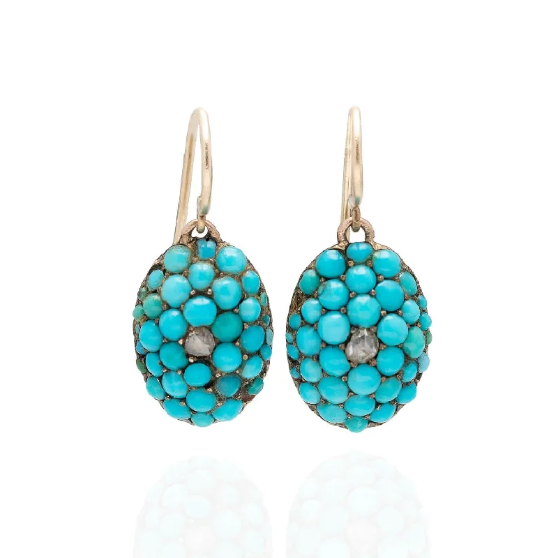 luxury earrings for women-Victorian 14kt Persian Turquoise + Rose Cut Diamond Earrings