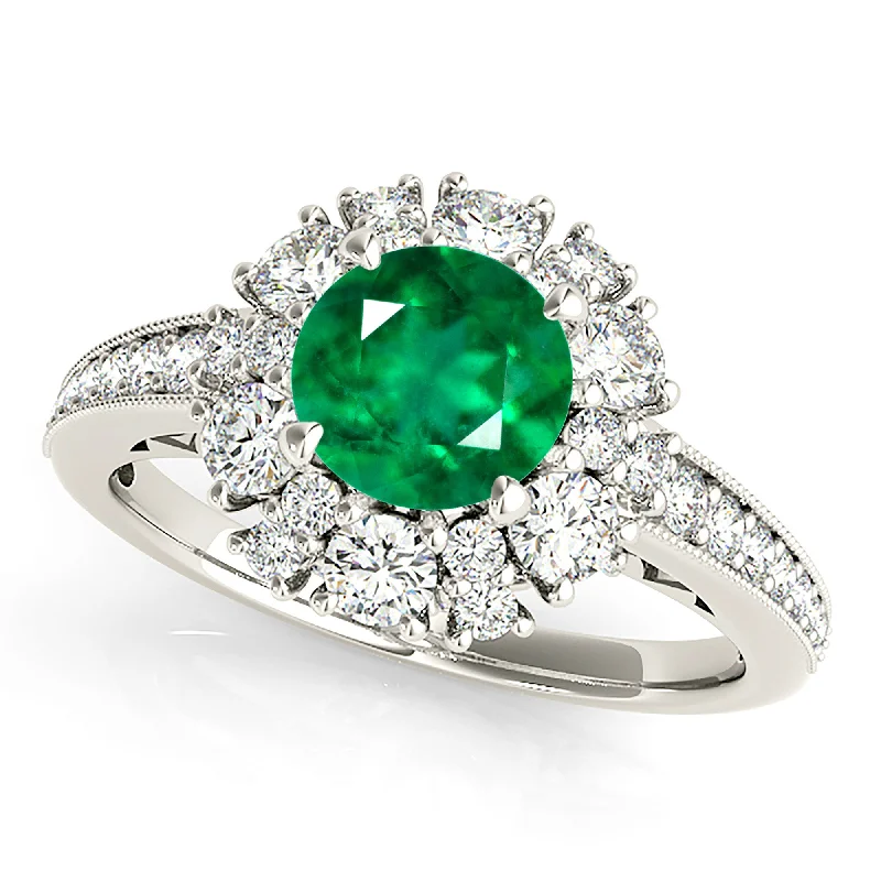 stackable rings for women-1.75 ct. Genuine Emerald Ring With Halo and Floral Basket