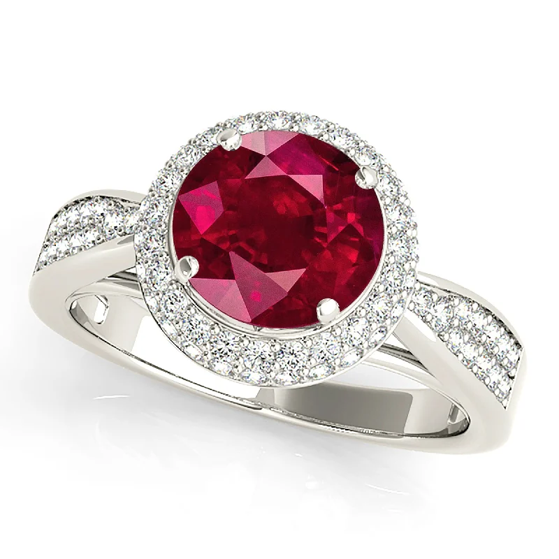 gemstone engagement rings for women-2.35 ct. Genuine Ruby Ring With 3D Halo And Graduating Diamond Band