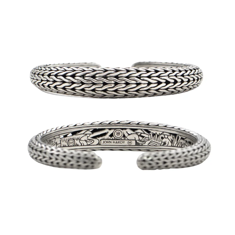 delicate silver bangles for women-John Hardy 925 Sterling Carved Chain Graduated Kick Cuff