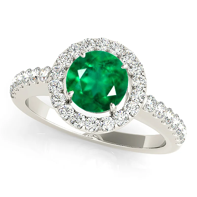 birthstone rings for women-1.15 ct. Genuine Emerald Ring With Halo And Thin Diamond Shank