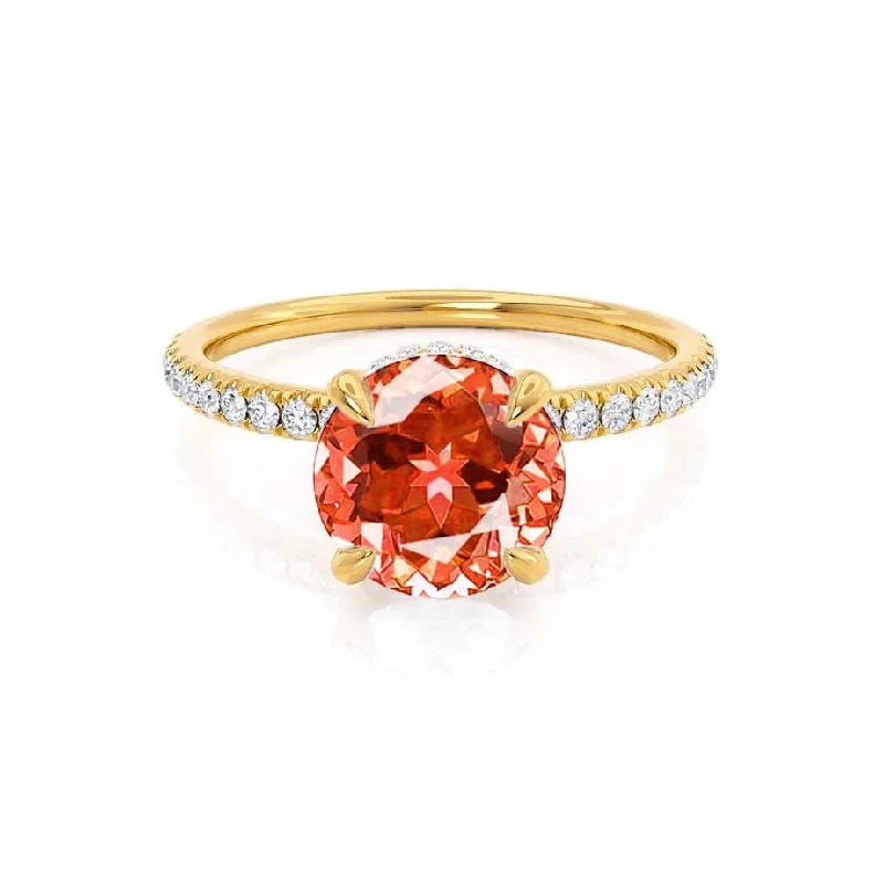 luxurious engagement rings for women-LIVELY - Chatham® Round Padparadscha 18k Yellow Gold Petite Hidden Halo Pavé Shoulder Set Ring