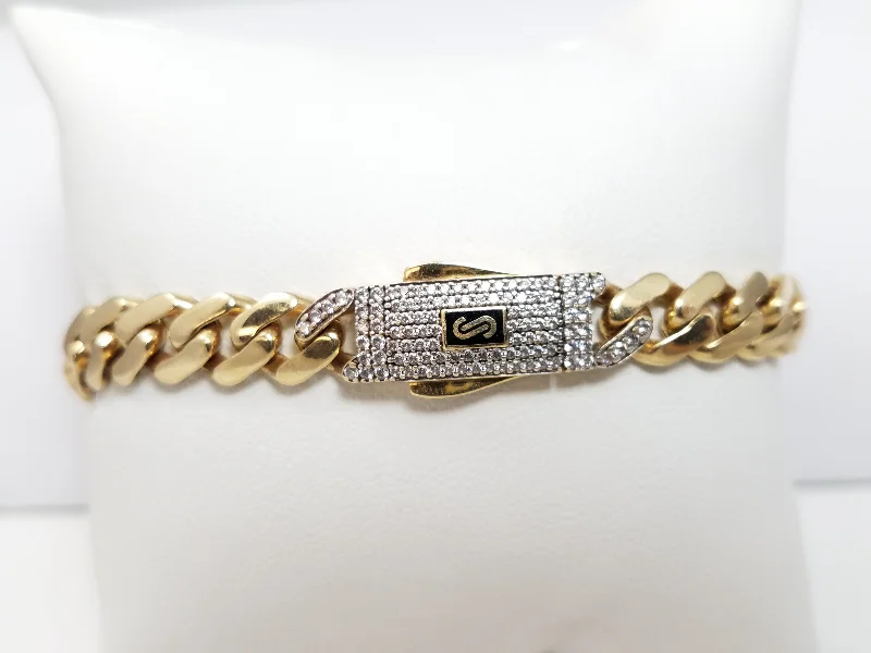 high-end bangles with diamonds for women-Men's 14k Yellow Gold Cubic Zirconia Hollow Monaco Link 8.25" Bracelet