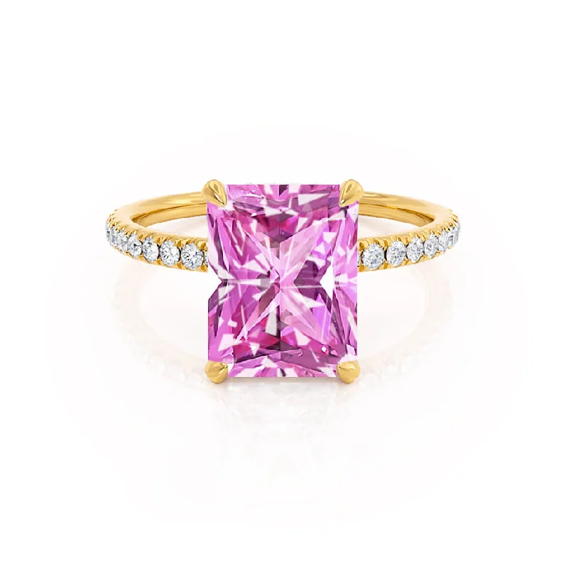 classic diamond engagement rings for women-LIVELY - Chatham® Radiant Pink Sapphire & Diamond 18k Yellow Gold Petite Hidden Halo Pavé Shoulder Set Ring