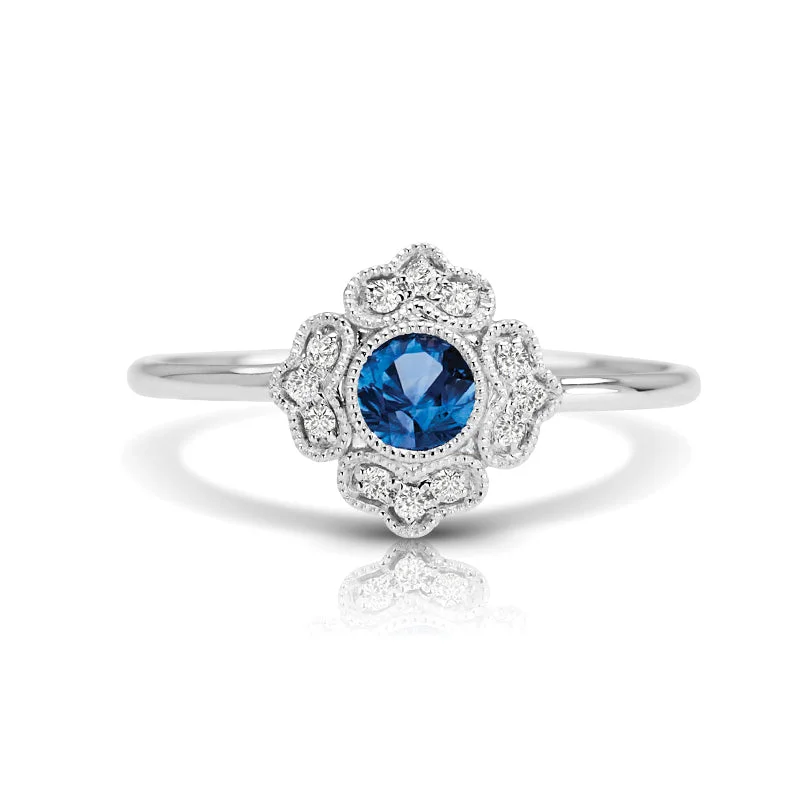 silver engagement rings for women-Vintage Inspired 0.25 ct. Natural Blue Sapphire Ring With Diamonds