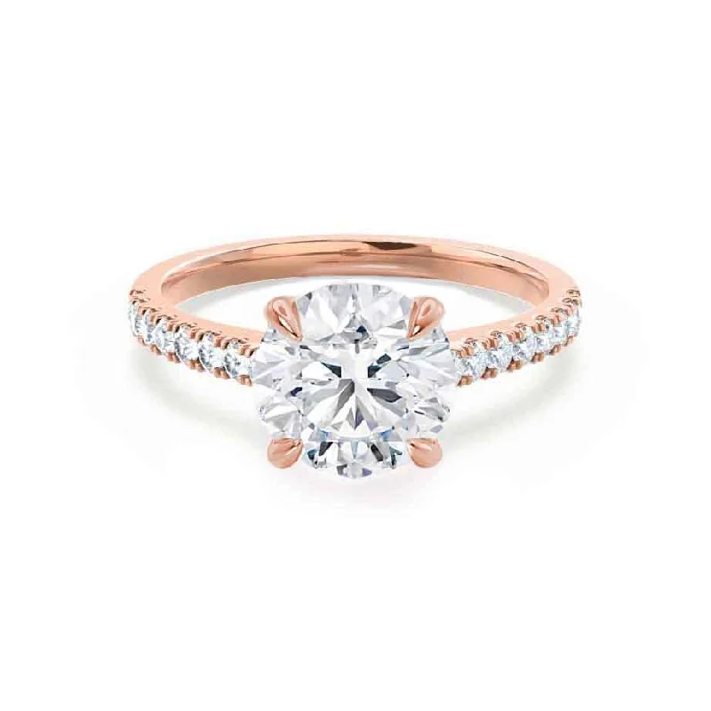 personalized diamond engagement rings for women-VIOLA - Round Moissanite & Diamond 18k Rose Gold Shoulder Set Ring