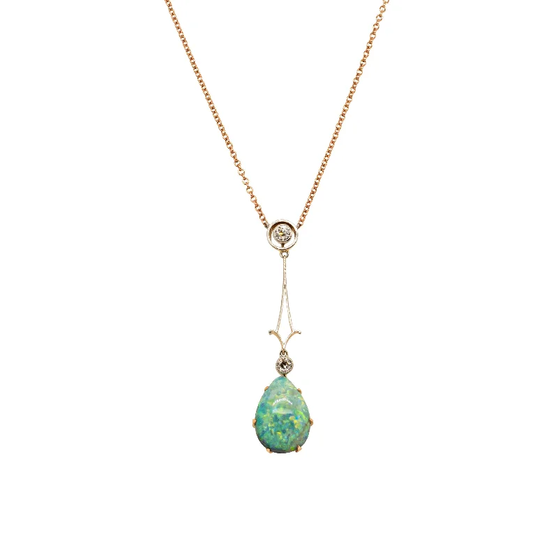 personalized necklaces for women-Vintage 15ct Yellow Gold Opal & Diamond Pendant