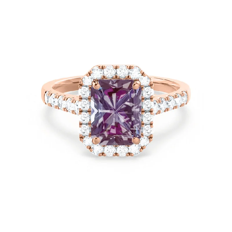 emerald-cut engagement rings for women-ESME - Chatham® Radiant Lab-Grown Alexandrite & Diamond 18k Rose Gold Halo