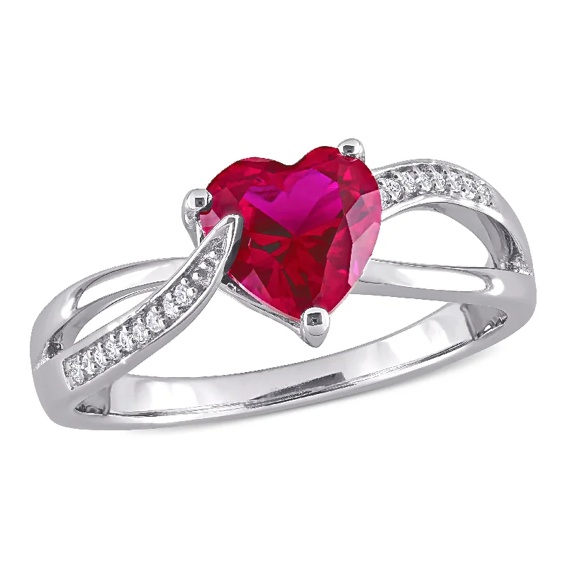 geometric engagement rings for women-Mimi & Max 1 5/8ct TGW Created Ruby and Diamond Heart Crossover Ring in Sterling Silver