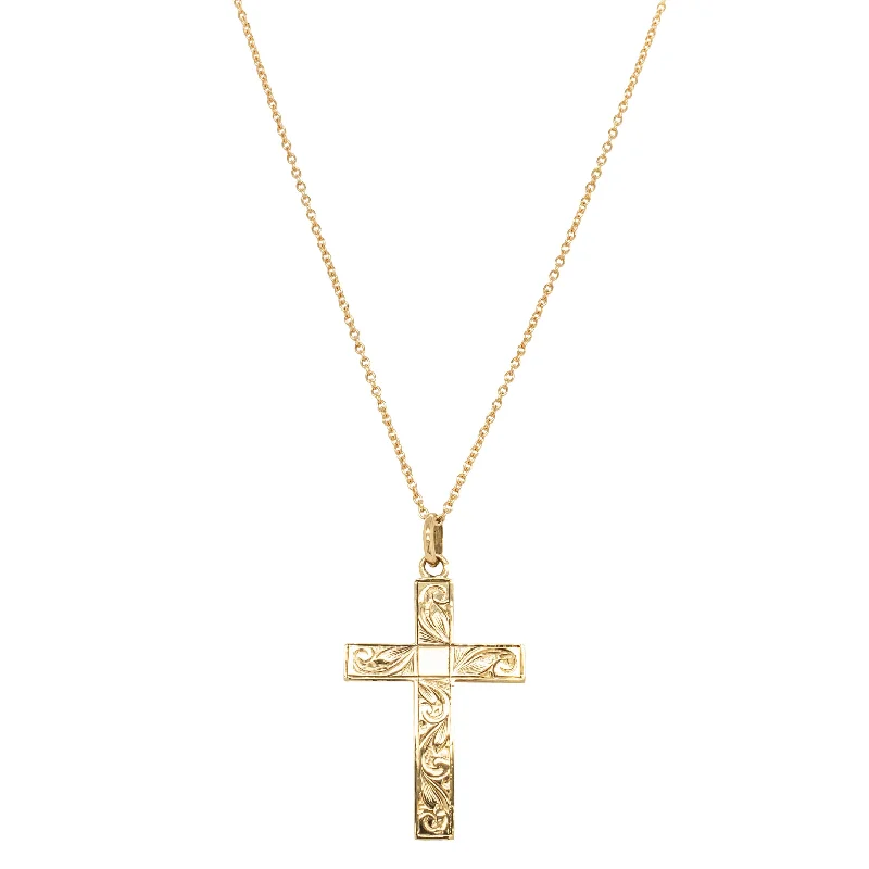 boho necklaces for women-Deja Vu 9ct Yellow Gold Engraved Cross Pendant With Chain