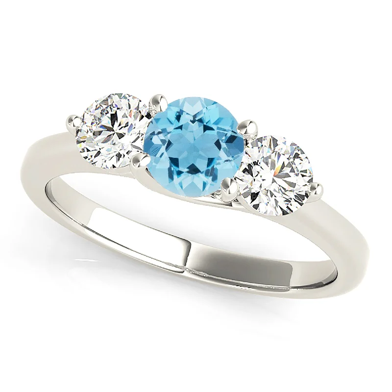 trendy stackable rings for women-1.10 ct. Genuine Aquamarine Three Stone Ring with 1.00 ctw. Side Diamonds