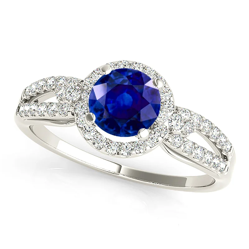 adjustable gemstone rings for women-1.35 ct. Genuine Blue Sapphire Split Shank Halo Ring