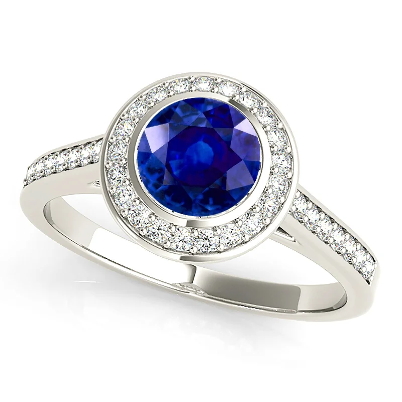 rose gold diamond rings for women-1.35 ct. Genuine Blue Sapphire Ring With Halo Style