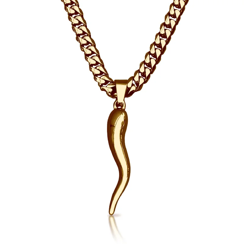 diamond-studded necklaces for women-Pro Italian Horn Pendant With 6mm Cuban Link Chain Necklace - 14K Gold Plated Stainless Steel