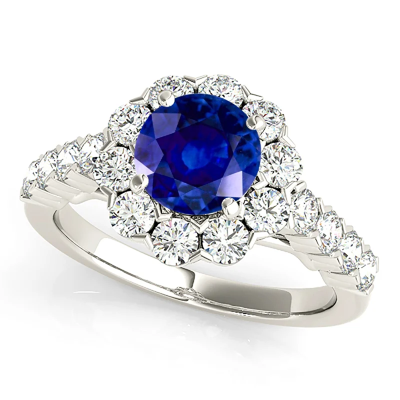 luxury gemstone rings for women-1.35 ct. Genuine Blue Sapphire Ring With Floral Halo style