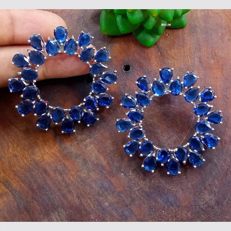 bold earrings for women-Blue Petal Diamond Silver Plated AD Studs Earrings