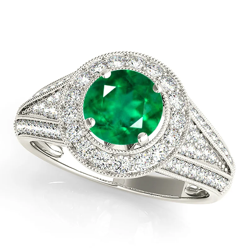 handcrafted wedding rings for women-1.15 ct. Genuine Emerald Ring With Milgrain Halo and Wide Graduating Diamond Band