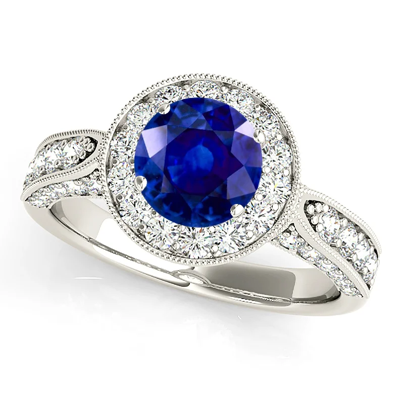 fashion rings with gemstones for women-1.35 ct. Genuine Blue Sapphire Milgrain Halo Ring