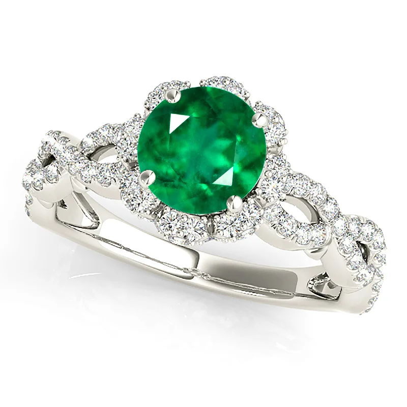 wedding rings for women-1.15 ct. Genuine Emerald Ring With Flower Halo, Open Twisted Diamond Band