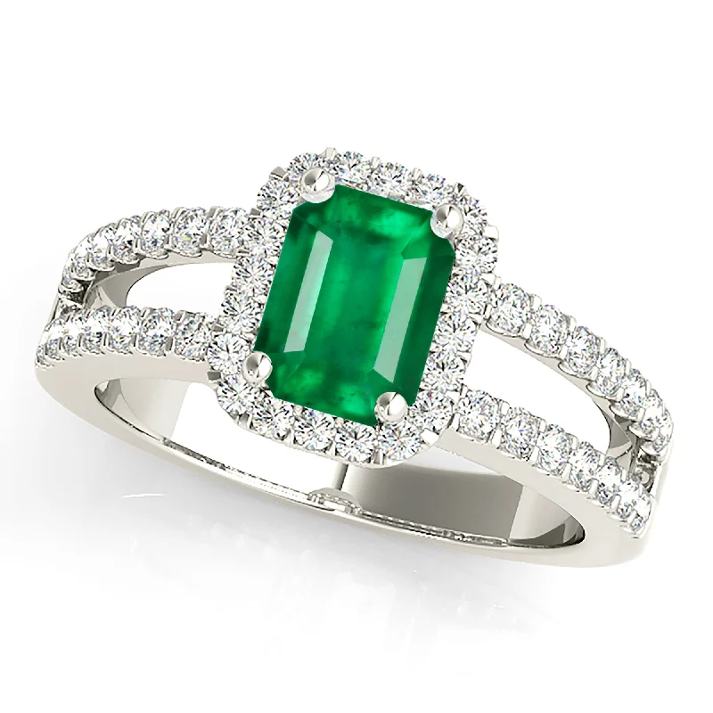 eternity rings with diamonds for women-1.00 ct. Genuine Emerald Ring With Halo and Diamond Split Shank