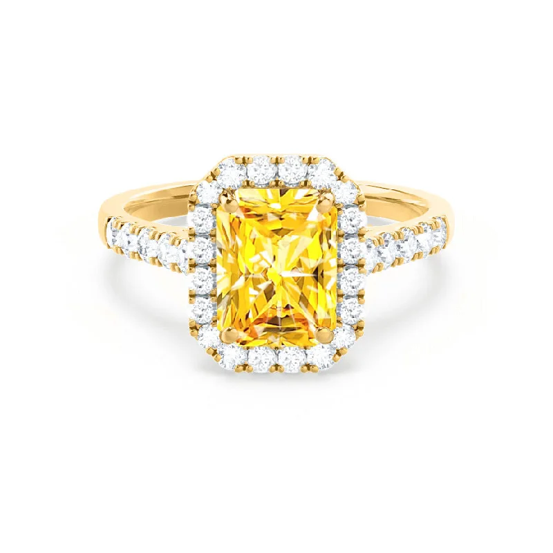 contemporary engagement rings for women-ESME - Chatham® Radiant Lab-Grown Yellow Sapphire & Diamond 18k Yellow Gold Halo