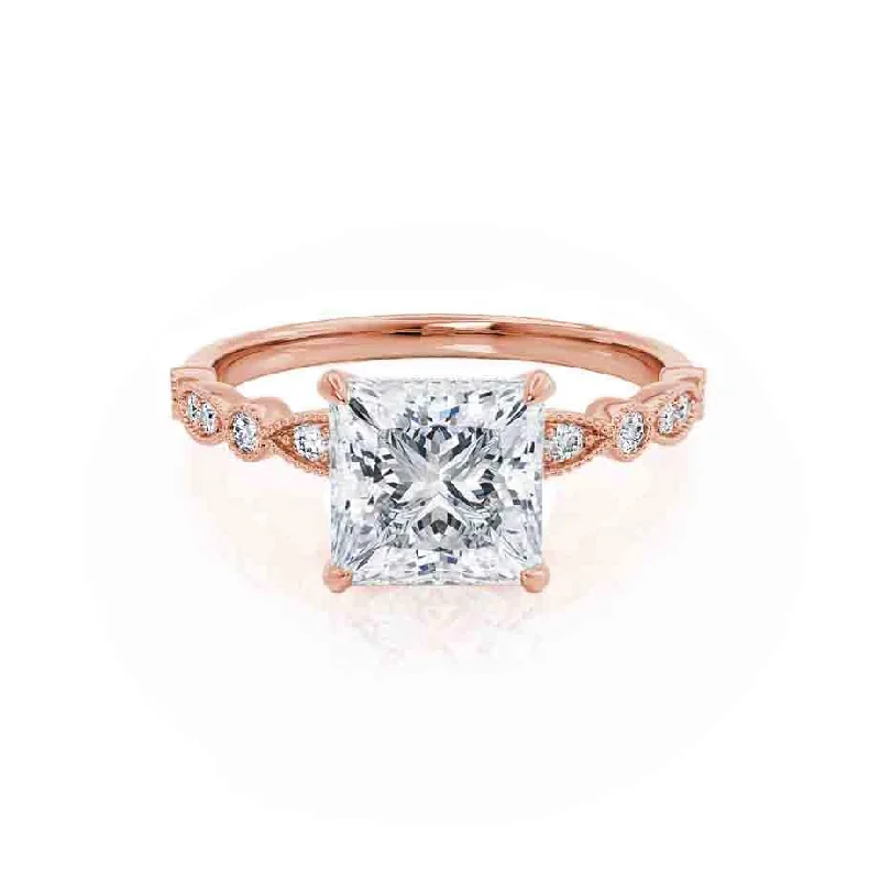 yellow gold engagement rings for women-HOPE - Princess Moissanite & Diamond 18k Rose Gold Vintage Shoulder Set