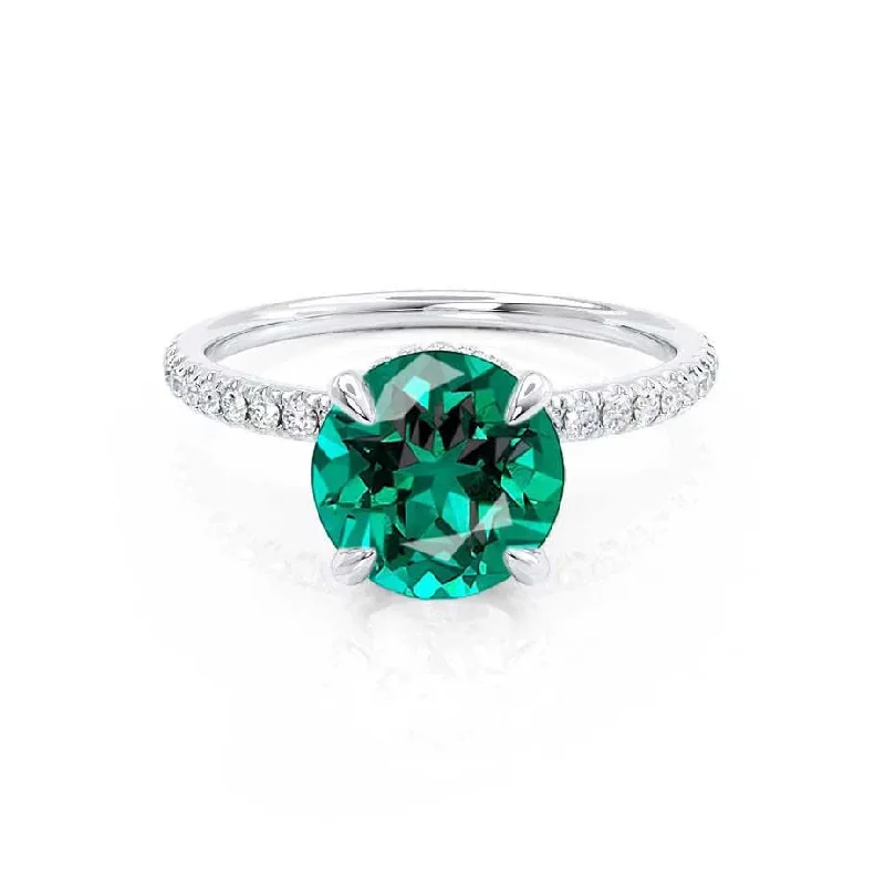 luxury engagement rings for brides-LIVELY - Chatham® Round Emerald 18k White Gold Petite Hidden Halo Pavé Shoulder Set Ring