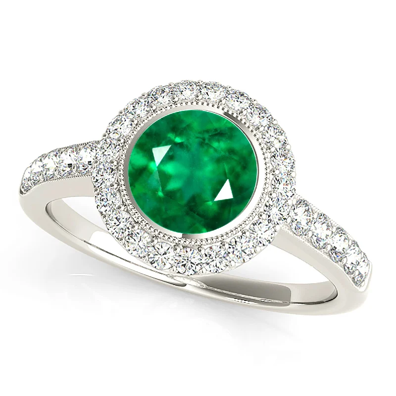 chic rings for women-1.15 ct. Genuine Emerald Ring with Milgrain Halo And Simple Diamond Band