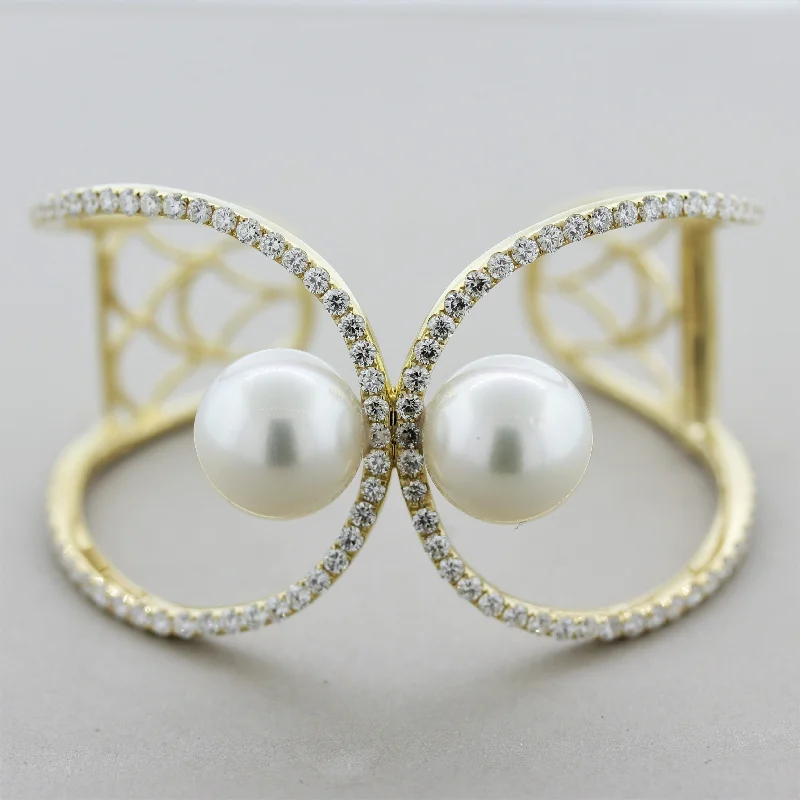 infinity bangles for women-South Sea Pearl Diamond Gold Cuff Bracelet