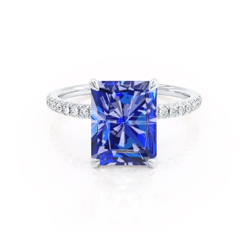 diamond engagement rings with bands for women-LIVELY - Chatham® Radiant Blue Sapphire & Diamond Platinum Petite Hidden Halo Pavé Shoulder Set Ring