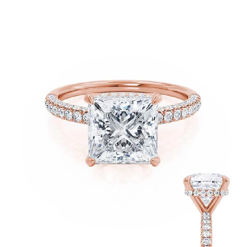 colored gemstone engagement rings for women-COCO - Princess Moissanite & Diamond 18k Rose Gold Hidden Halo Triple Pavé Shoulder Set