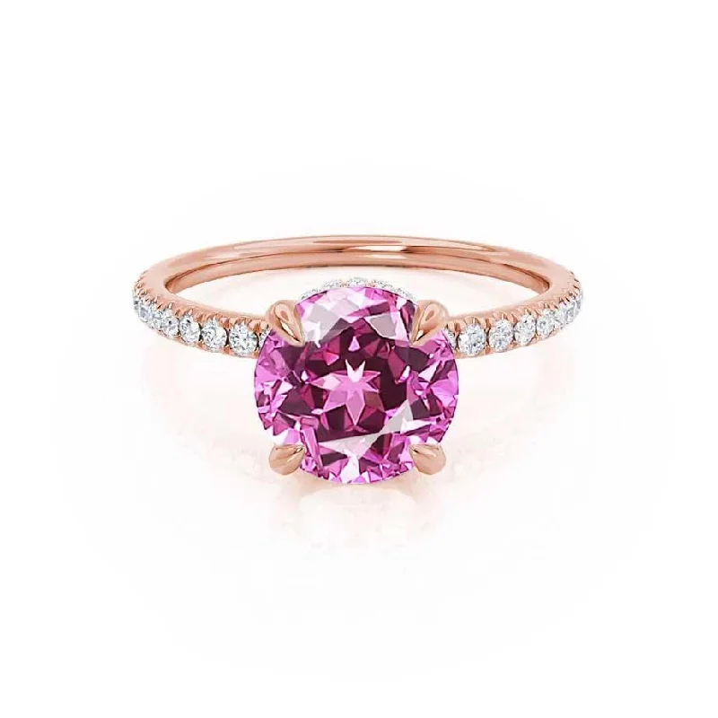 fancy diamond engagement rings for women-LIVELY - Chatham® Round Pink Sapphire 18k Rose Gold Petite Hidden Halo Pavé Shoulder Set Ring