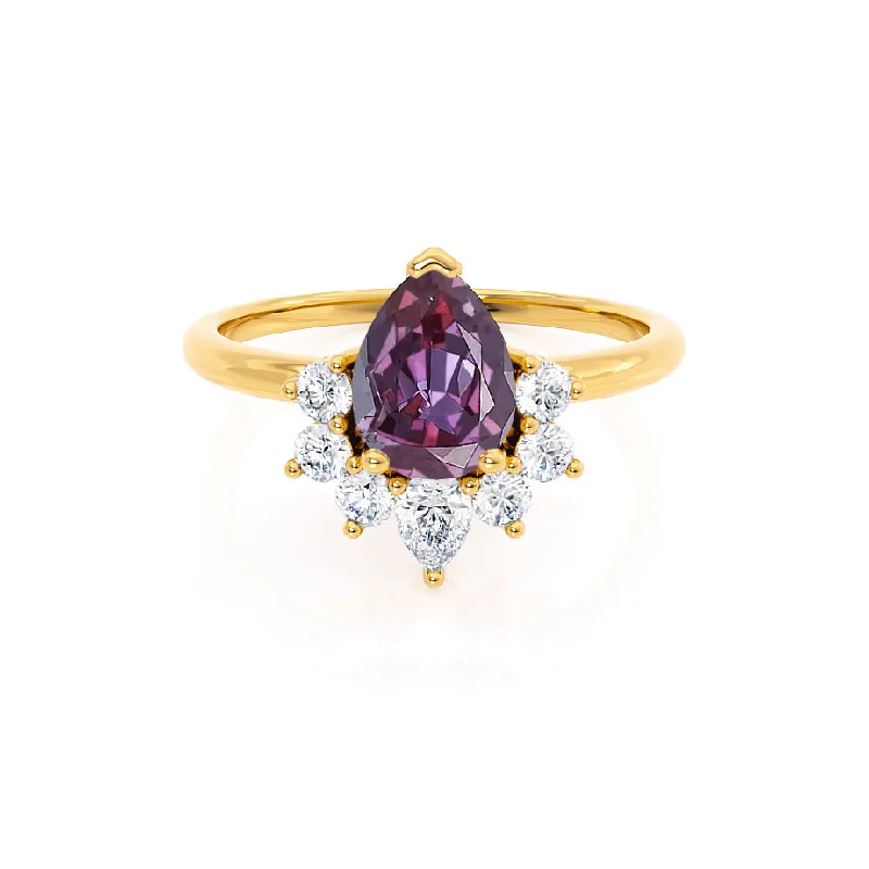 luxury engagement rings for women-BALLET - Chatham® Pear Alexandrite & Diamond Half Halo Tiara Ring 18k Yellow Gold