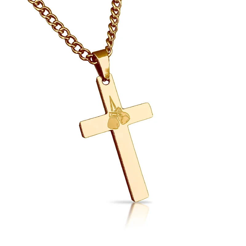 hand-crafted necklaces for women-Boxing Cross Pendant With Chain Necklace - 14K Gold Plated Stainless Steel