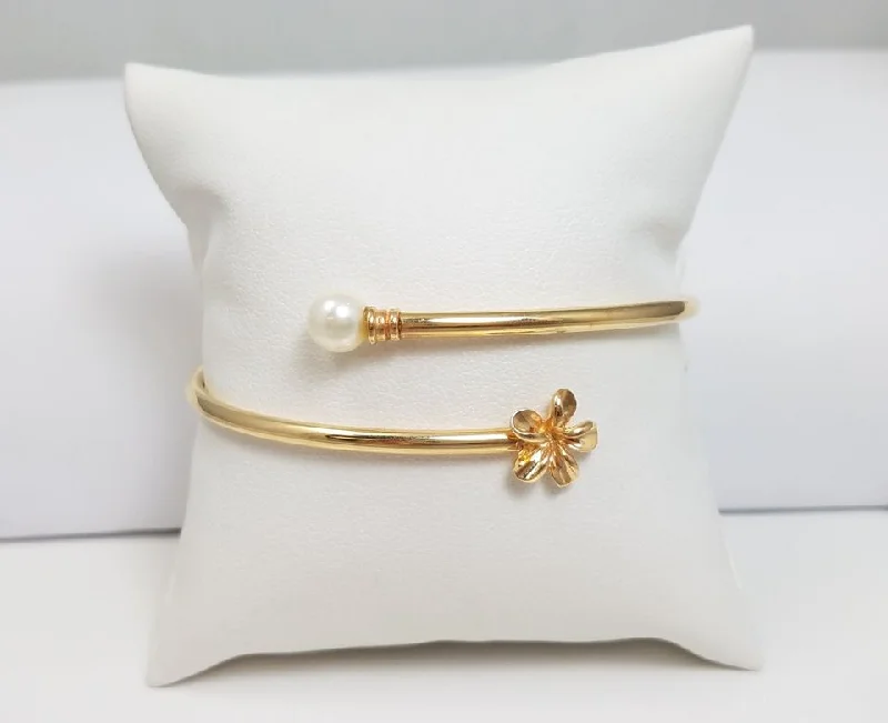 silver bangles for women-Na Hoku Plumeria Flower + Pearl 14k Yellow Gold Open Bangle Bracelet