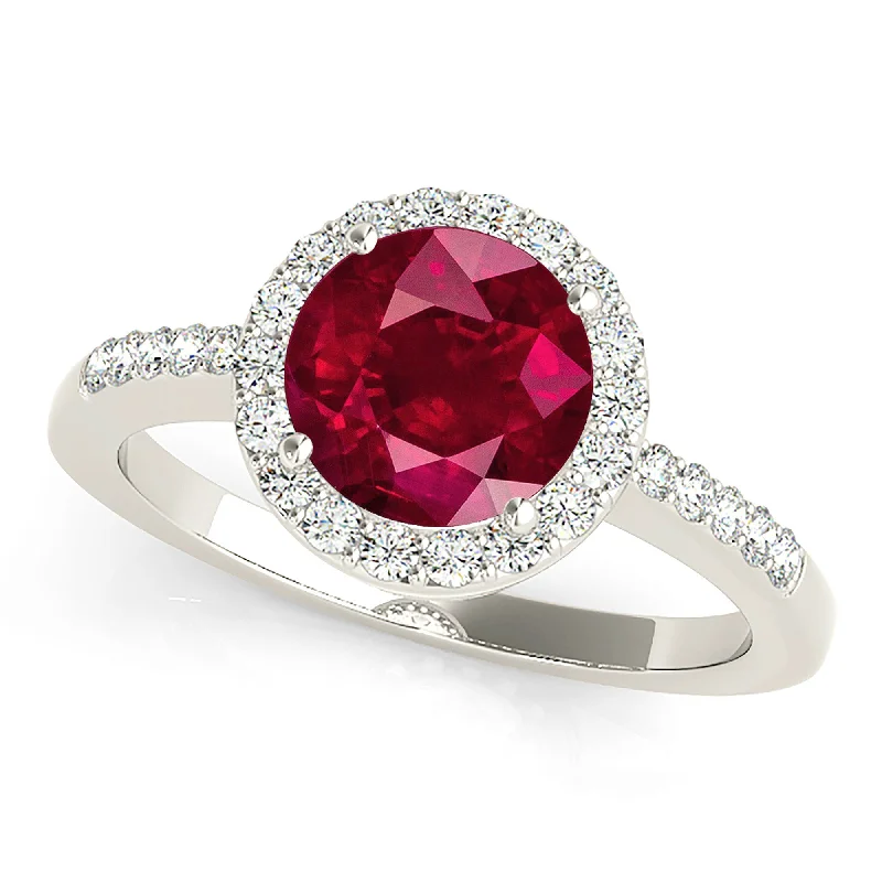 minimalist rings for women-2.35 ct. Genuine Ruby Ring With Halo And Delicate Diamond Band