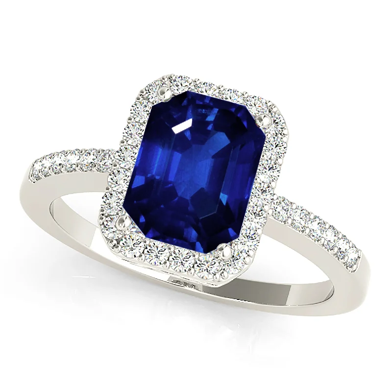 fancy rings for women-2.30 ct. Genuine Blue, Emerald Cut Sapphire Ring with Halo Style