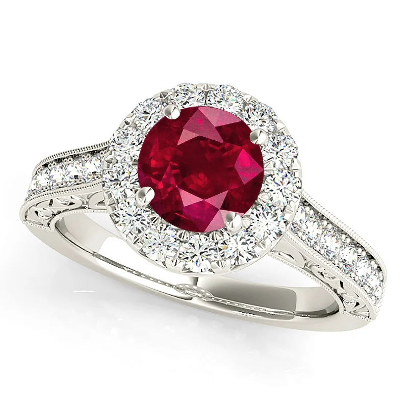 simple rings for women-1.35 ct. Genuine Ruby Ring With Halo And Milgrain Diamond Band