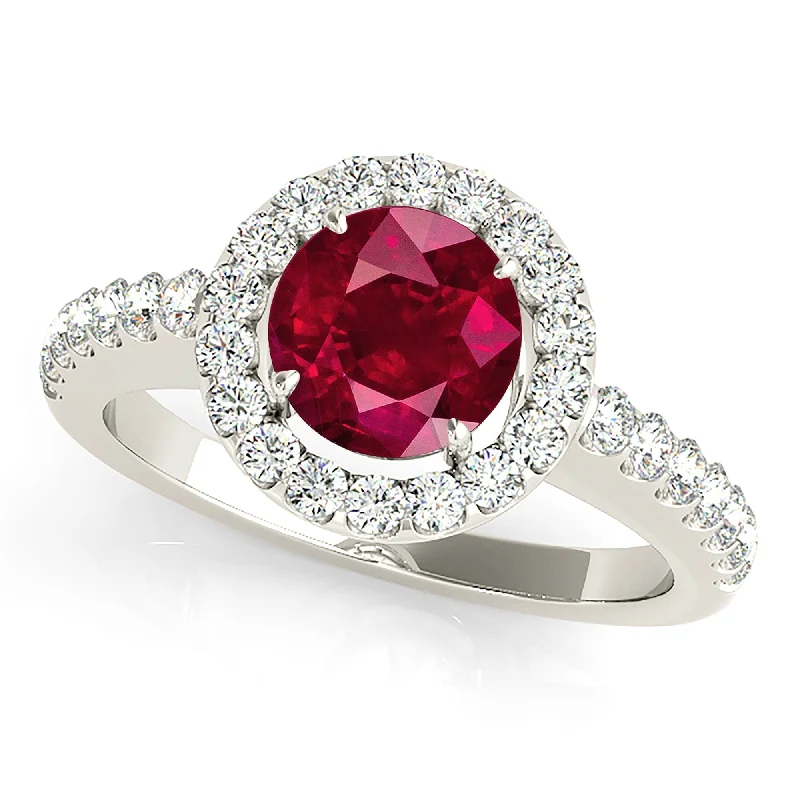 dainty rings for women-1.35 ct. Genuine Ruby Ring With Halo And Delicate Diamond Band