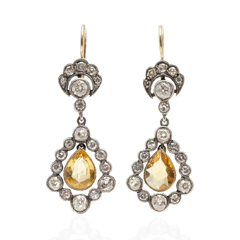 classic hoop earrings for women-Victorian 18kt/Sterling No Heat Ceylon Yellow Sapphire 2.25ctw + Diamond Dangle Earrings 3.5ctw