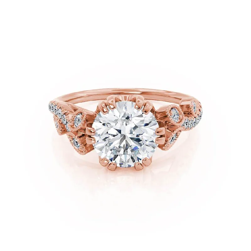 intricate gold engagement rings for women-FLEUR - Round Lab Diamond 18k Rose Gold Shoulder Set Ring