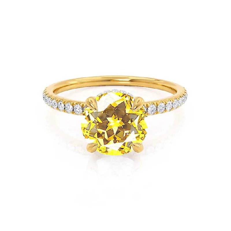 intricate gold engagement rings for women-LIVELY - Chatham® Round Yellow Sapphire 18k Yellow Gold Petite Hidden Halo Pavé Shoulder Set Ring